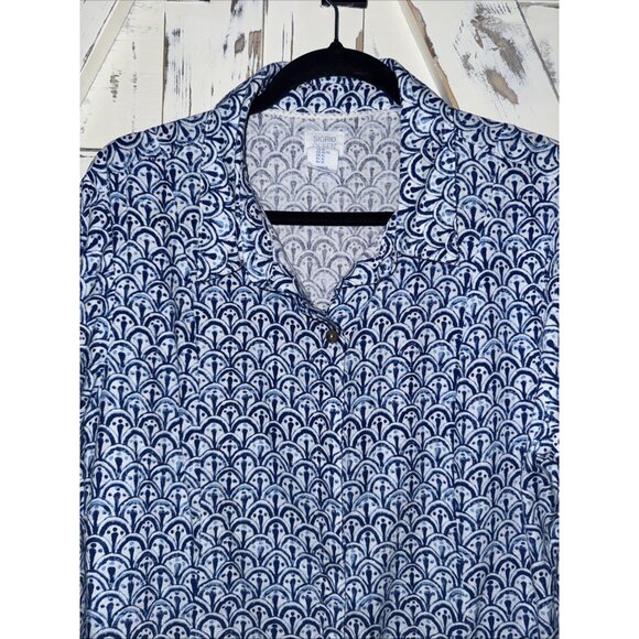 Sigrid Olsen XL Blue White Geo Printed 3/4 sleeve Button Linen Blend Shirt dress - Picture 6 of 11